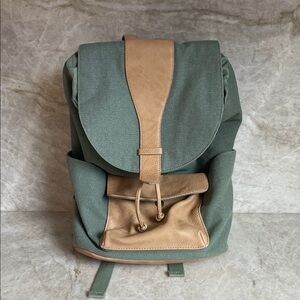 Canvas Green and Tan Leather Drawstring Backpack Purse
